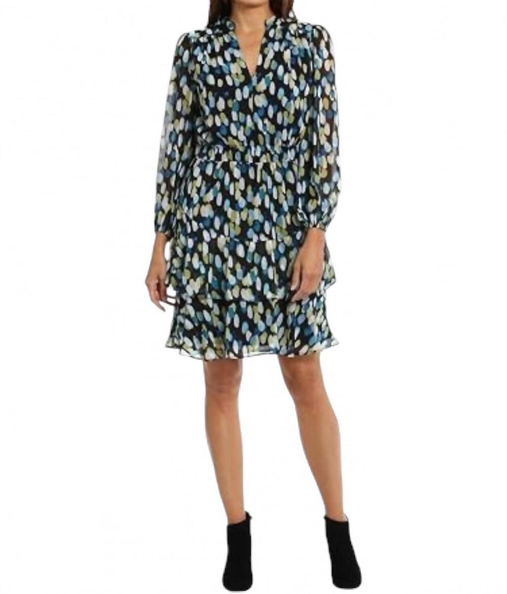 NEW LONDON TIMES elastic waist tiered printed georgette mini dress in slate blue